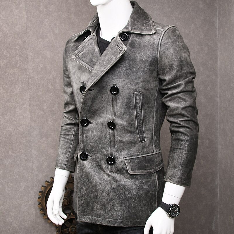 Classic Genuine Leather Long Winter Jacket / Men's Cowhide Double Breasted Pea Coat - HARD'N'HEAVY