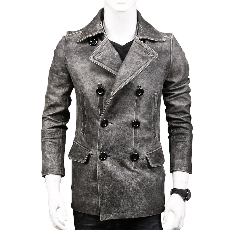 Classic Genuine Leather Long Winter Jacket / Men's Cowhide Double Breasted Pea Coat - HARD'N'HEAVY