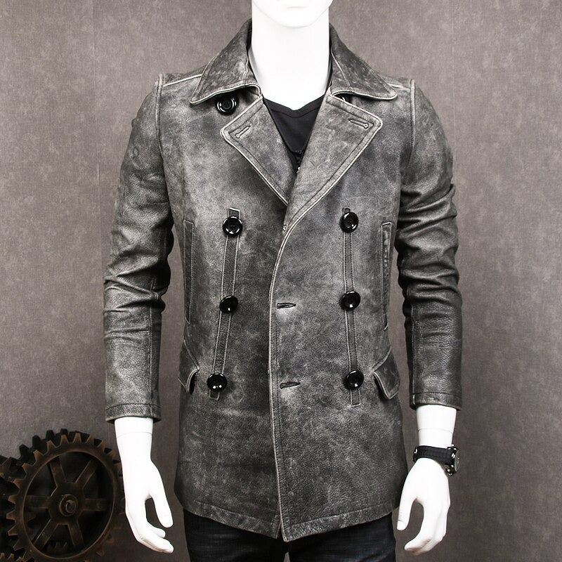 Classic Genuine Leather Long Winter Jacket / Men's Cowhide Double Breasted Pea Coat - HARD'N'HEAVY