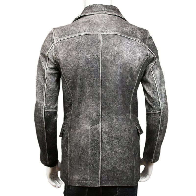 Classic Genuine Leather Long Winter Jacket / Men's Cowhide Double Breasted Pea Coat - HARD'N'HEAVY