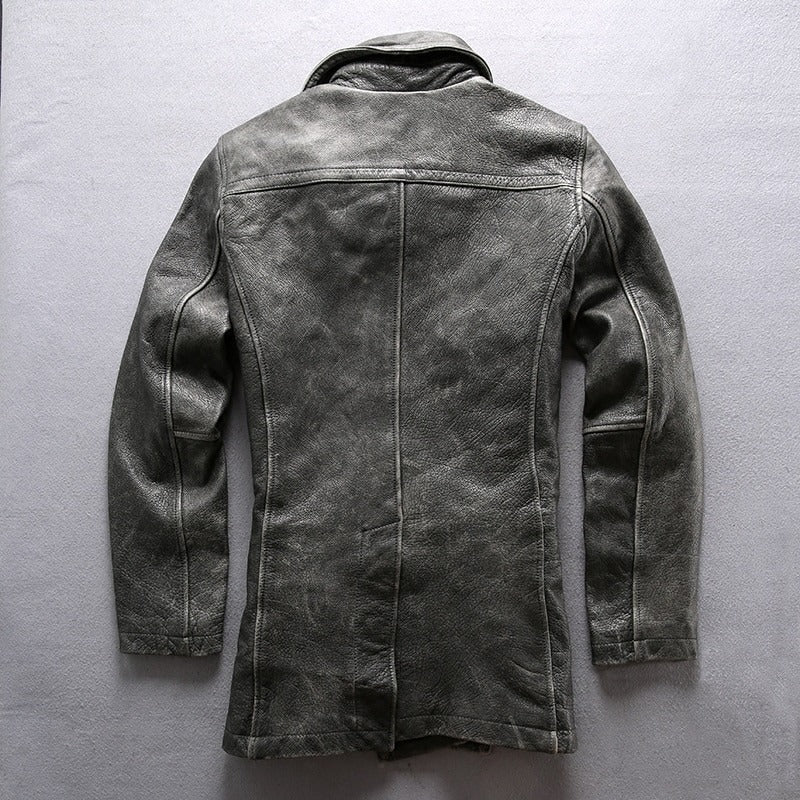 Classic Genuine Leather Long Winter Jacket / Men's Cowhide Double Breasted Pea Coat - HARD'N'HEAVY