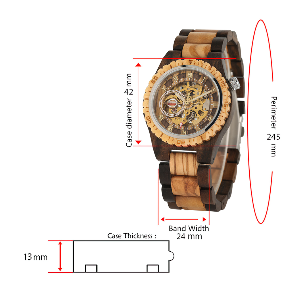 Classic wooden self-winding mechanical watch with detailed measurements and design features for men.