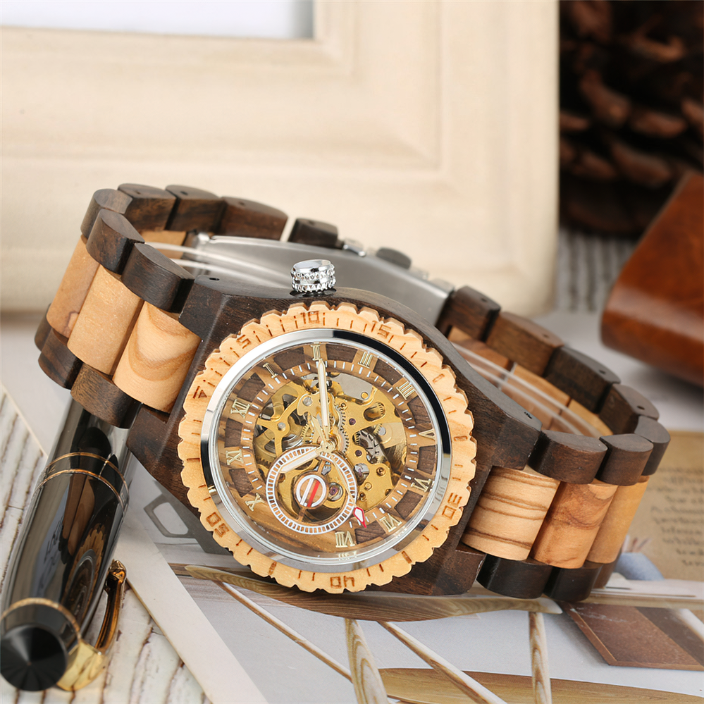 Classic hollow-out wooden automatic self-winding watch for men, showcasing a unique design and large dial.