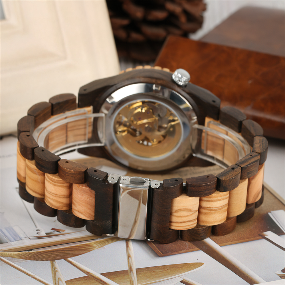 Classic hollow-out wooden watch for men with self-winding mechanism and unique design, perfect for vintage fashion.