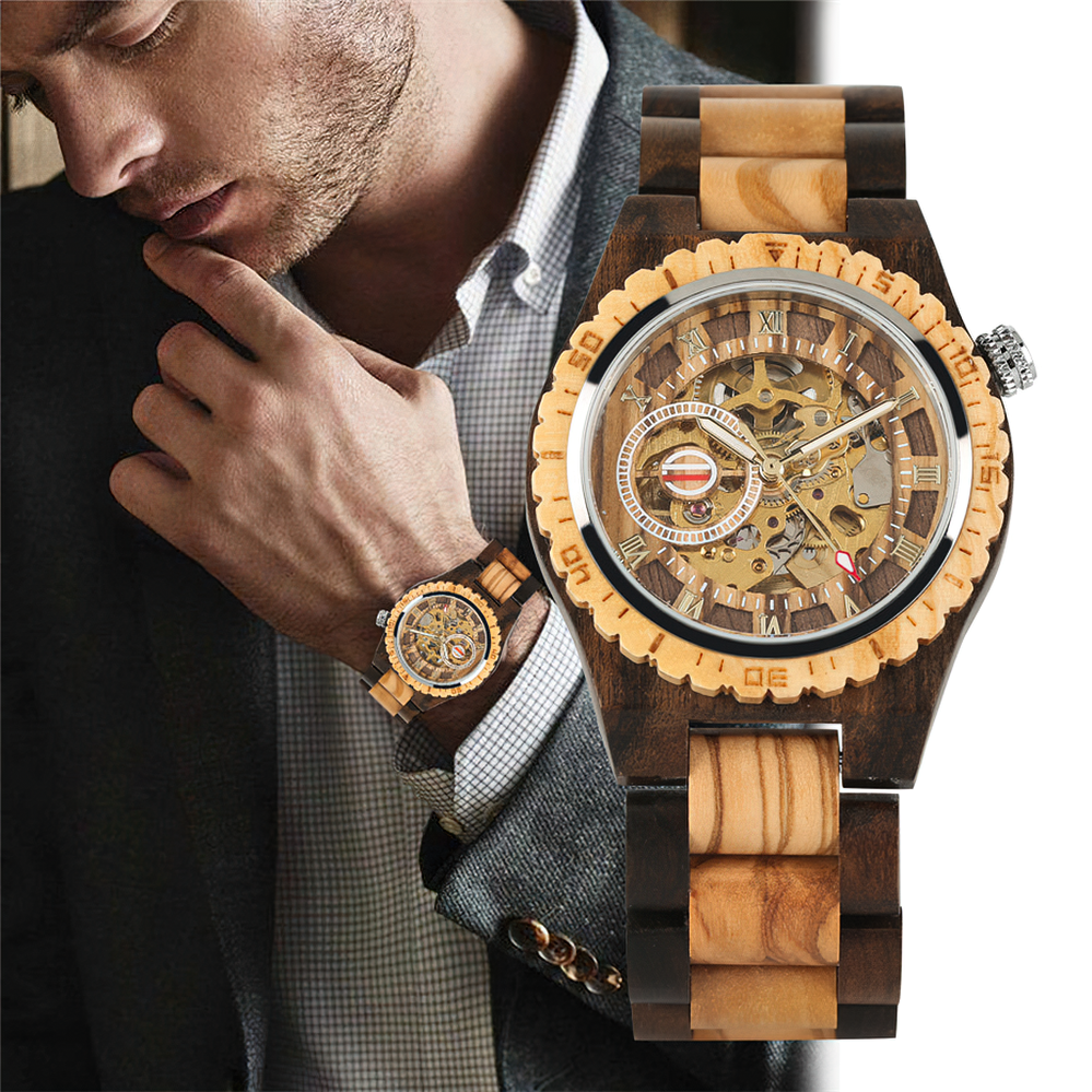 Stylish man wearing a classic wooden self-winding mechanical watch, showcasing its unique design and wooden bracelet.