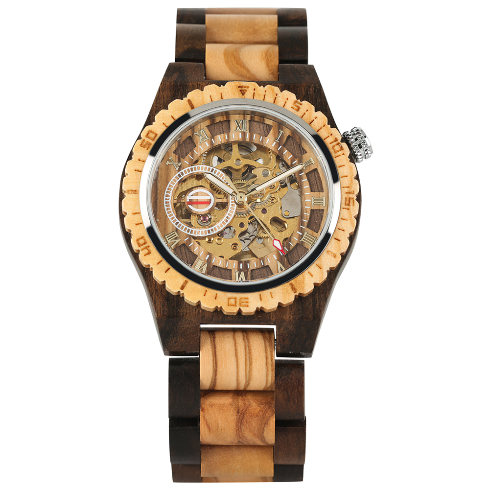 Classic wooden automatic self-winding watch for men with a unique design and large dial.