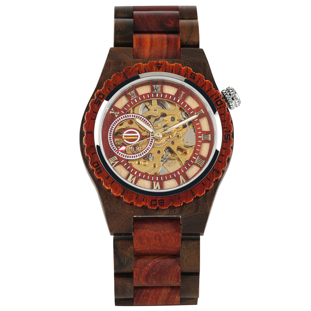 Classic wooden self-winding mechanical watch for men with a large dial and unique design.