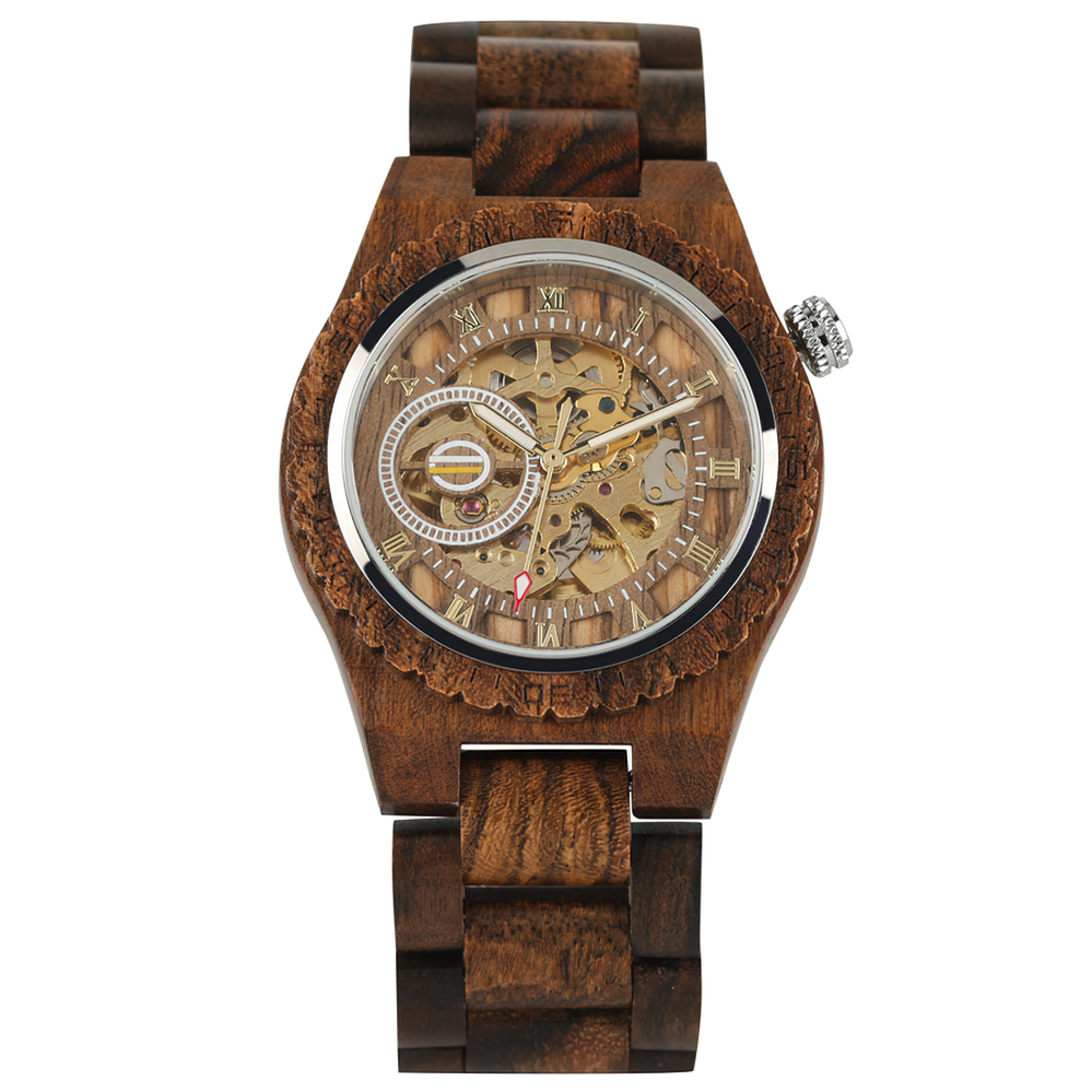 Men's classic wooden self-winding mechanical watch with large dial and intricate design.