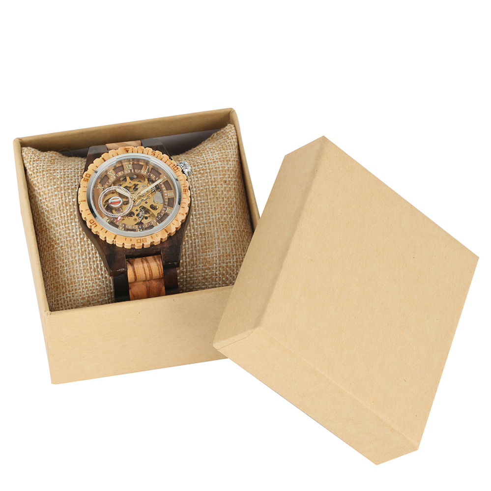 Classic wooden mechanical watch for men displayed in a gift box, showcasing its unique design and craftsmanship.