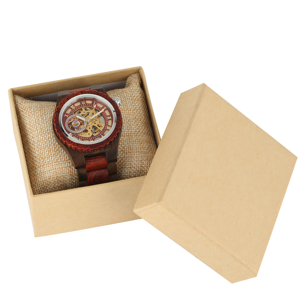 Classic wooden self-winding mechanical watch for men in gift box with brown leather strap.