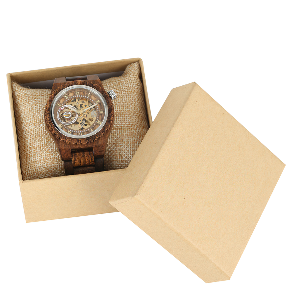 Classic wooden self-winding mechanical watch for men displayed in a gift box with cushion.