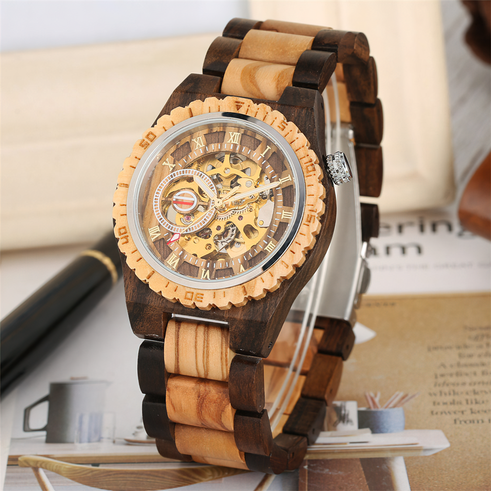 Classic wooden self-winding mechanical watch for men with intricate design and large dial, perfect for vintage outfits.