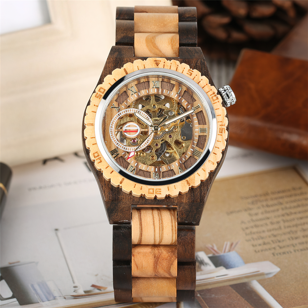 Stylish wooden self-winding mechanical watch for men with a large dial and unique design, perfect for vintage outfits.