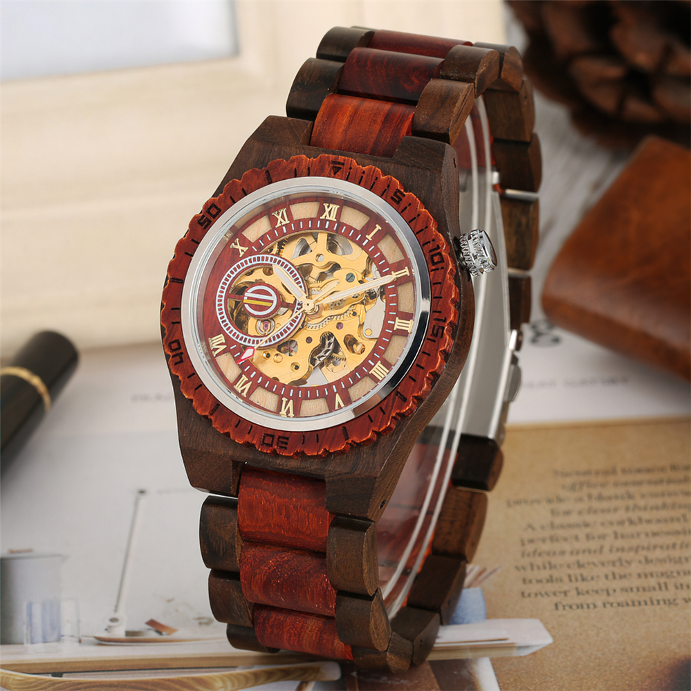 Classic hollow out wooden automatic self-winding watch for men with large dial and unique design.