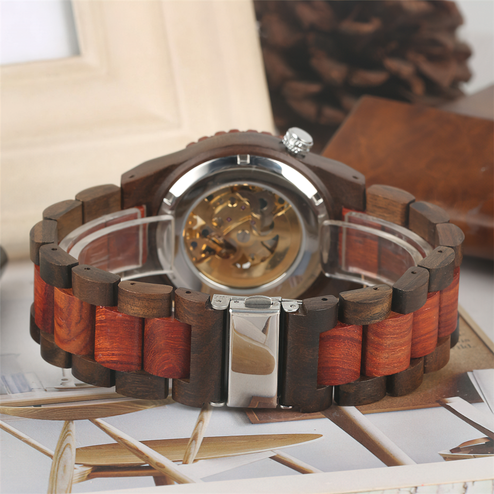 Classic hollow-out mechanical wooden watch for men with a unique design and wooden bracelet.