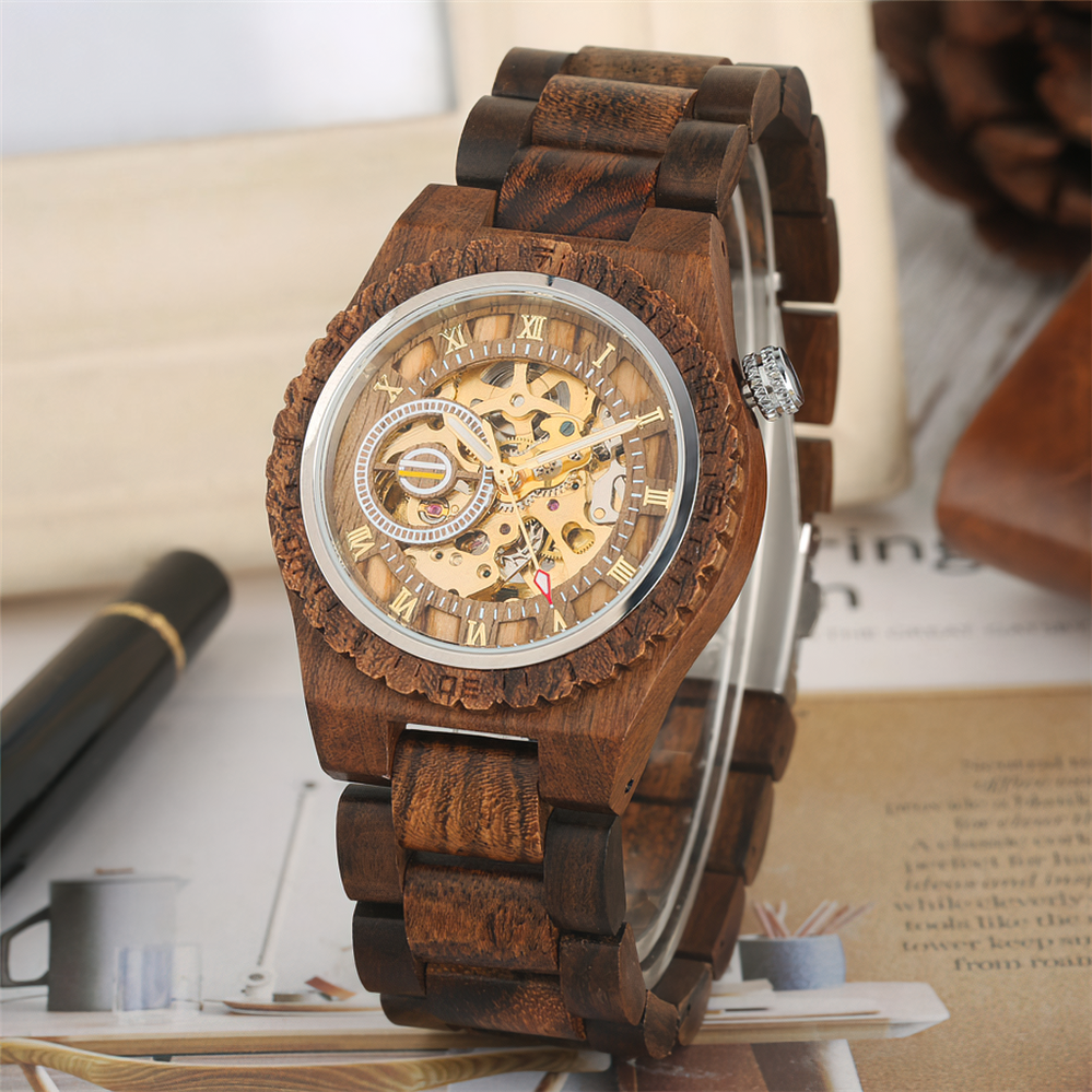 Classic hollow-out wooden automatic watch for men, featuring a large dial and wooden bracelet, perfect for vintage style.