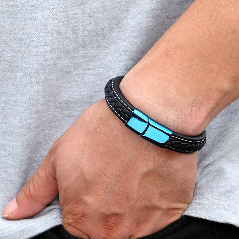 Stylish blue luxury bracelet with braided leather and stainless steel buckle, perfect for trendy outfits and gifts.