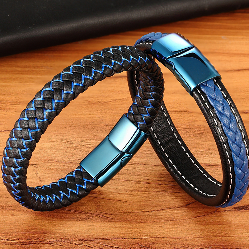 Classic luxury blue braided leather bracelets with stainless steel buckle, trendy fashion for any jewelry collection.