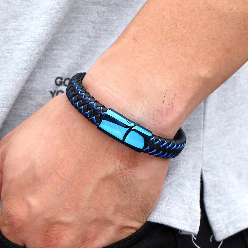 Stylish blue braided leather bracelet with a stainless steel buckle, perfect for trendy fashion and gifts.