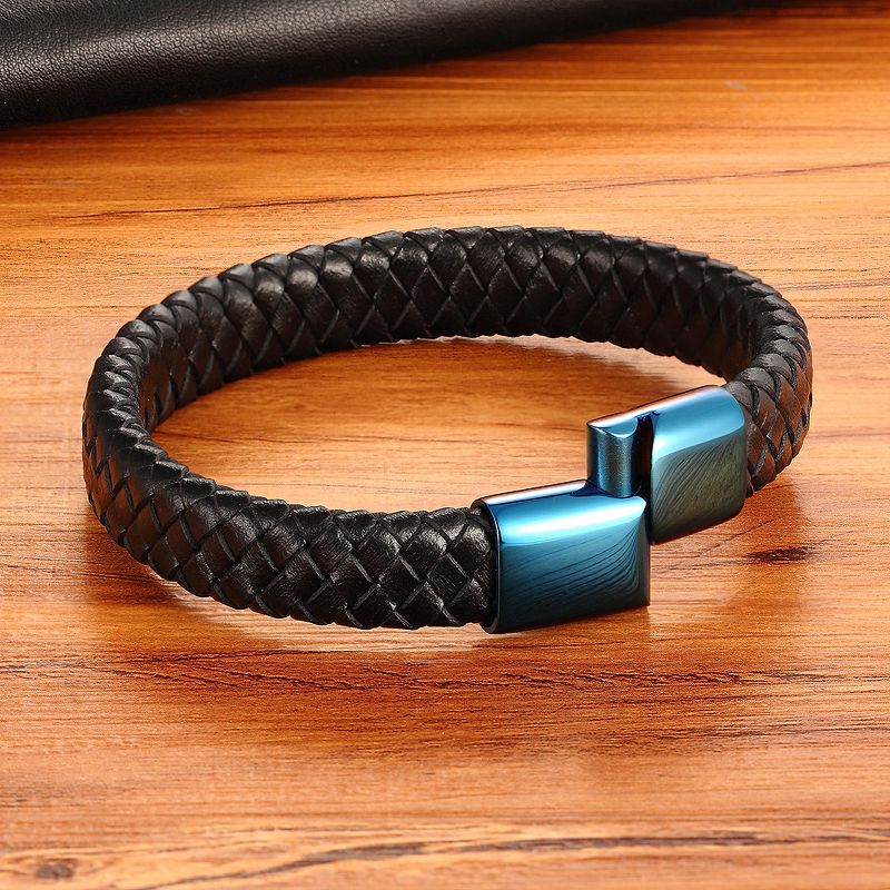 Classic luxury blue braided leather bracelet with sleek stainless steel buckle, perfect for trendy fashion lovers.