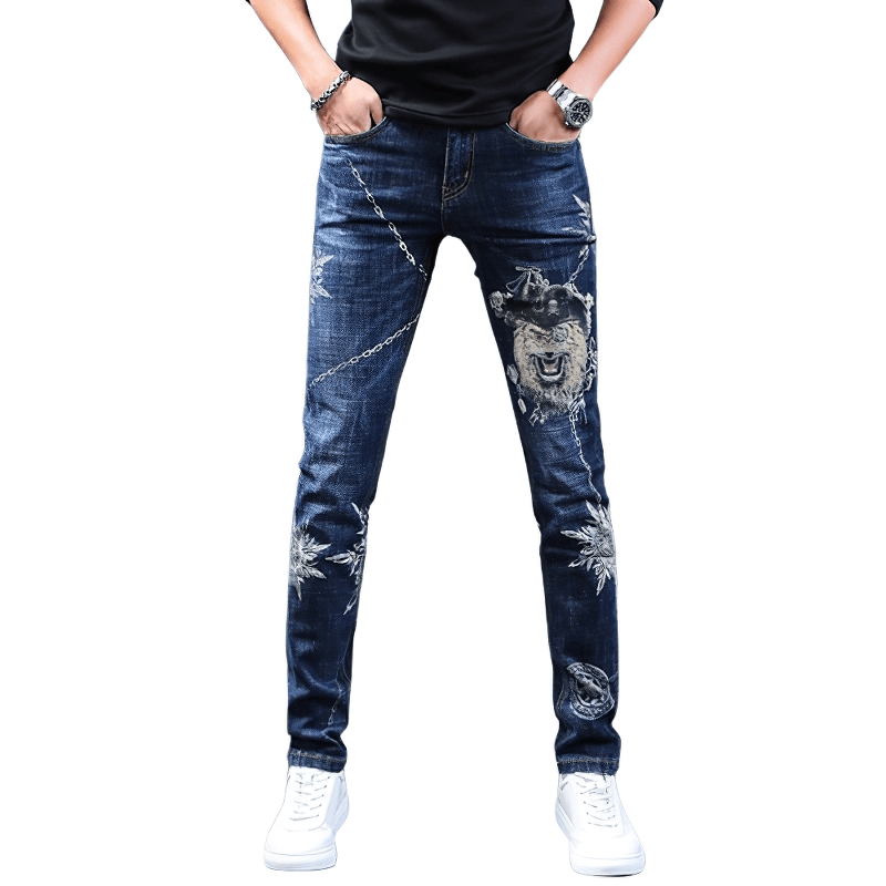 Men's slim-fit printed jeans featuring a bold graphic design, perfect for alternative fashion styles.
