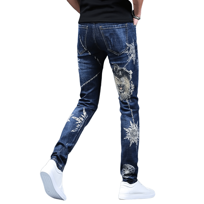 Stylish men’s slim-fit printed jeans featuring alternative design, perfect for modern fashion enthusiasts.