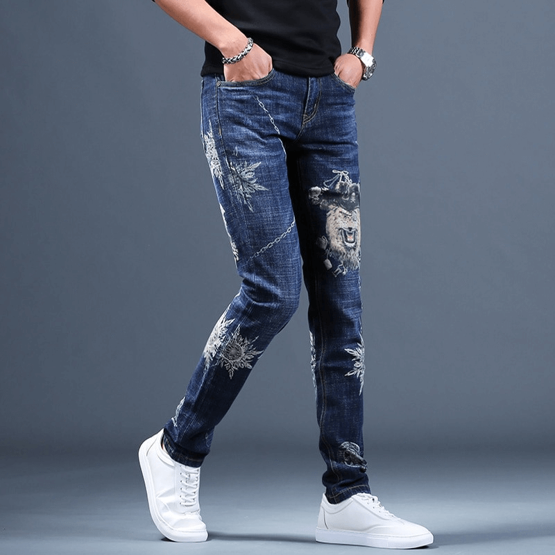 Stylish slim fit printed jeans for men, featuring unique designs and modern alternative fashion.