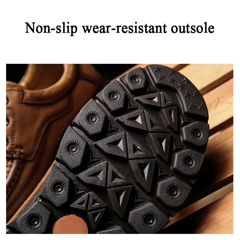 Close-up of a non-slip wear-resistant outsole for extra grip and durability in men's leather shoes.
