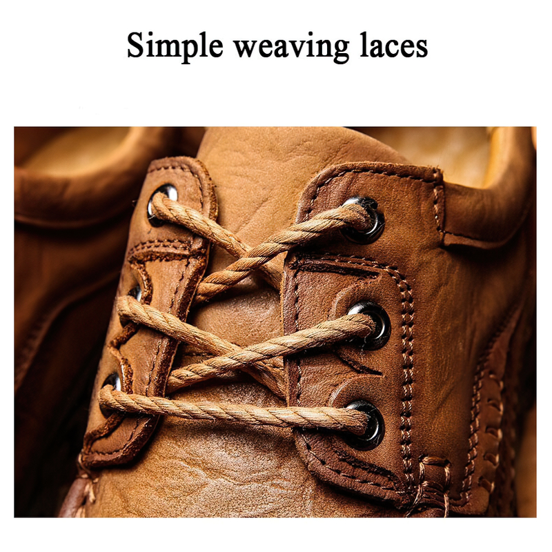 Close-up of classic men's leather shoes featuring simple weaving laces for a stylish alternative look.