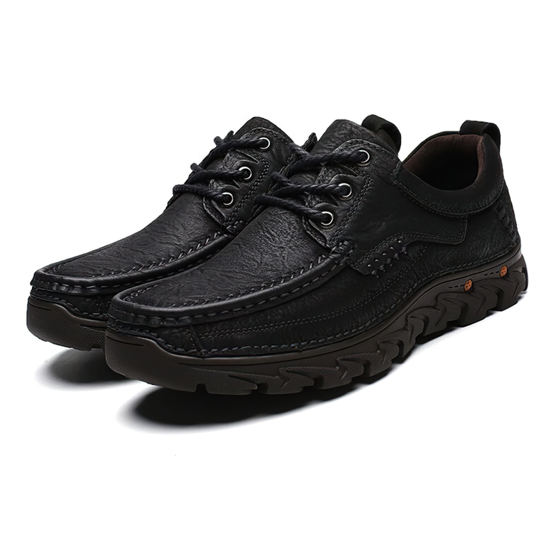 Classic black genuine leather lace-up shoes for men, featuring a unique alternative style for versatile outfits.