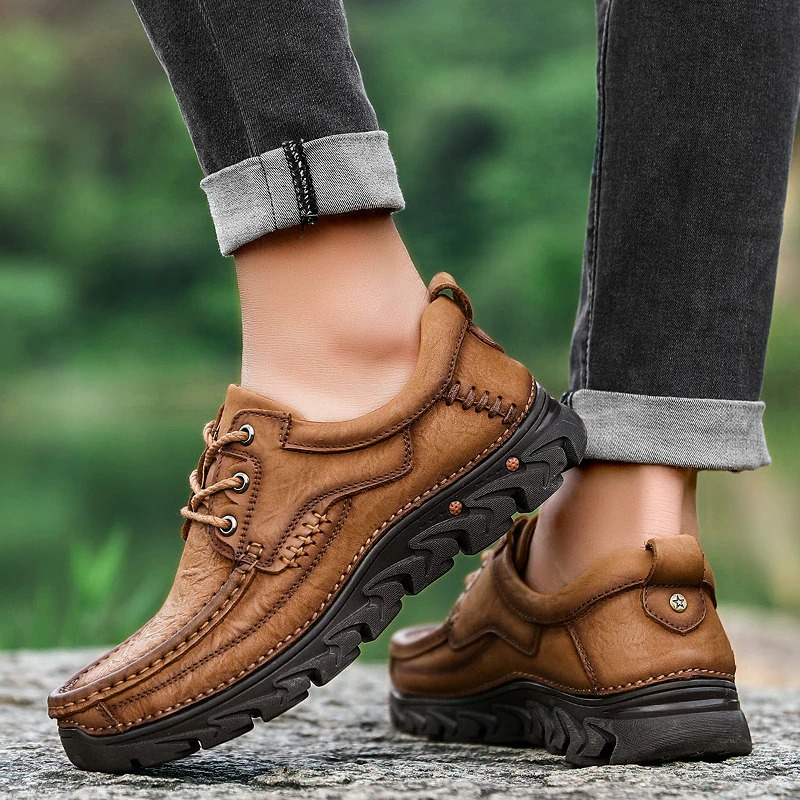 Brown genuine leather lace-up shoes for men, perfect for alternative style and casual outings.