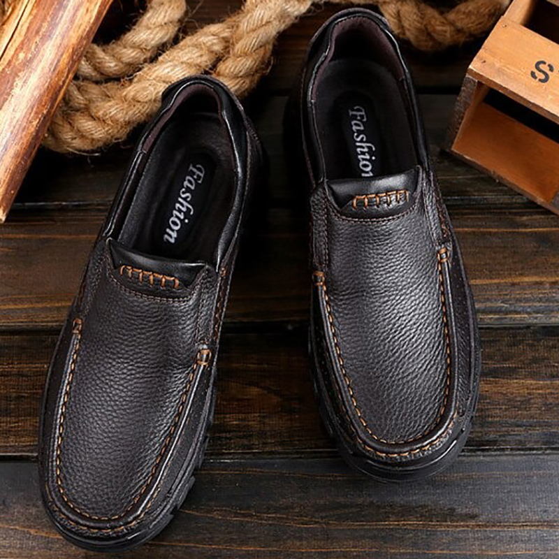 Classic men's genuine leather loafers in dark brown, perfect for casual and formal occasions, stylish and comfortable.