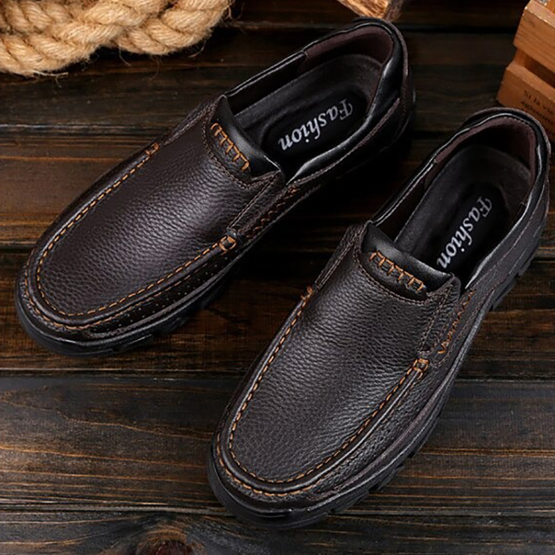 Classic men's genuine leather loafers in dark brown, perfect for casual and formal events.