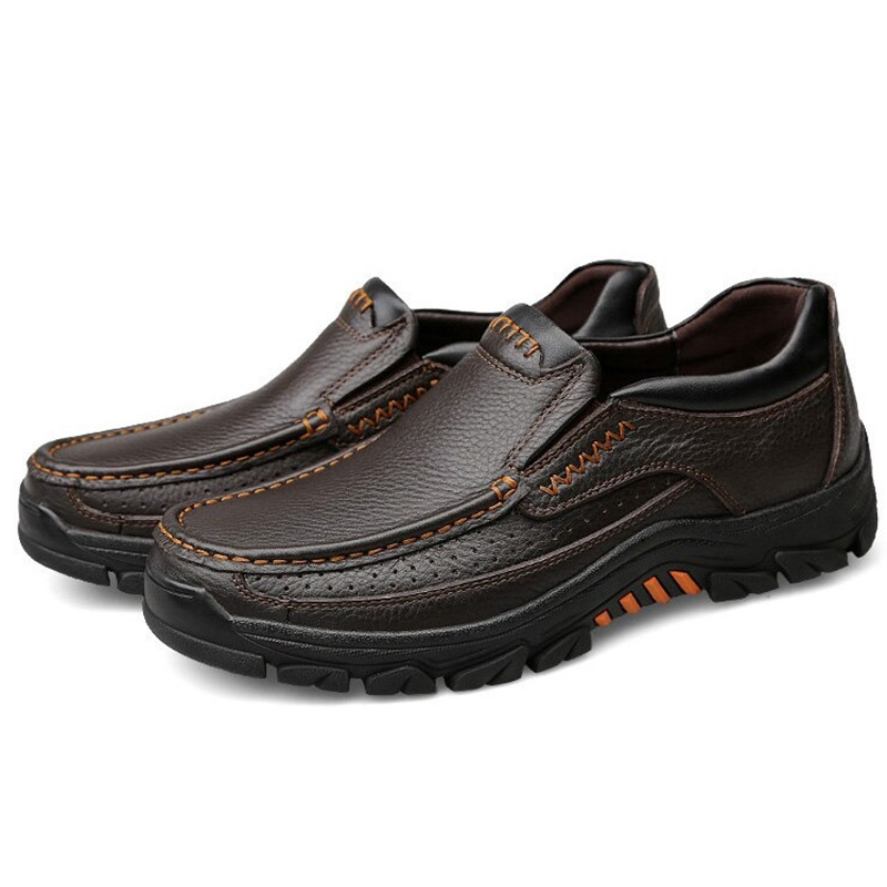 Classic men's genuine leather loafers in brown with modern design, ideal for casual or formal wear.