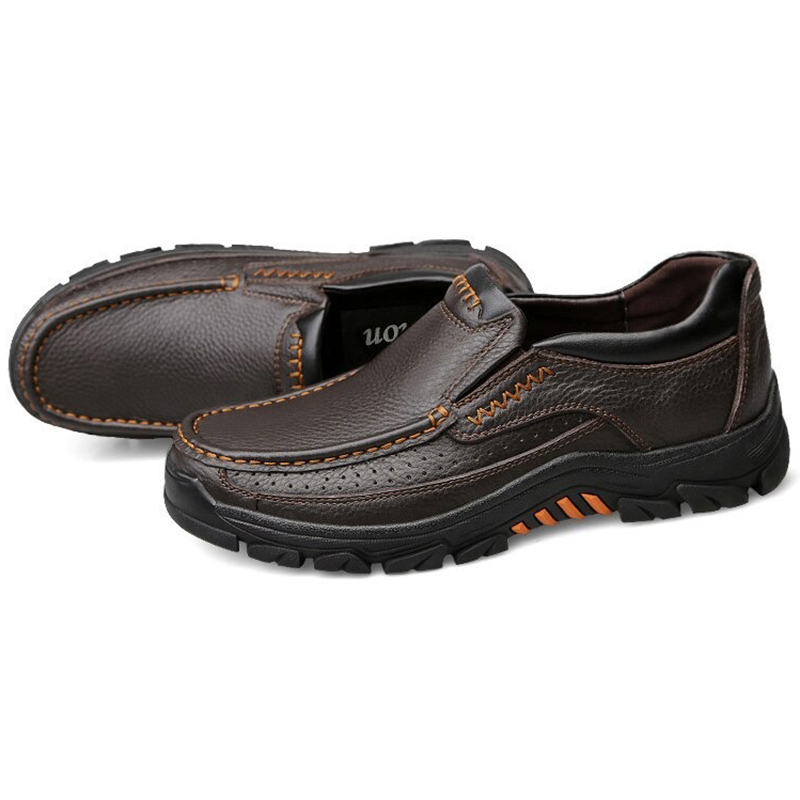 Classic brown genuine leather loafers with rugged soles for casual male footwear.