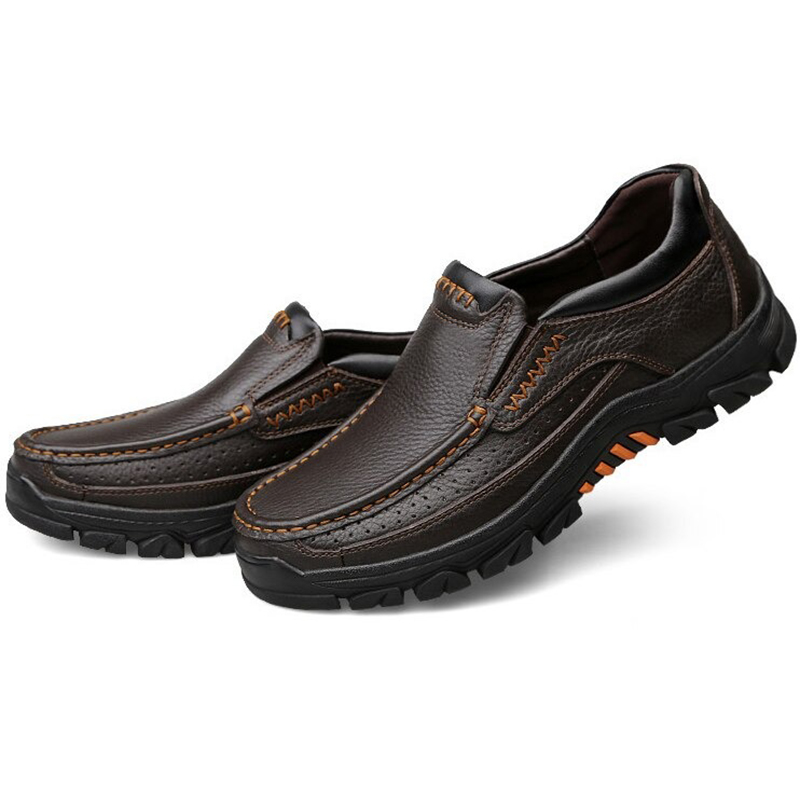 Classic men's genuine leather loafers in dark brown, stylish and comfortable casual shoes with modern design.