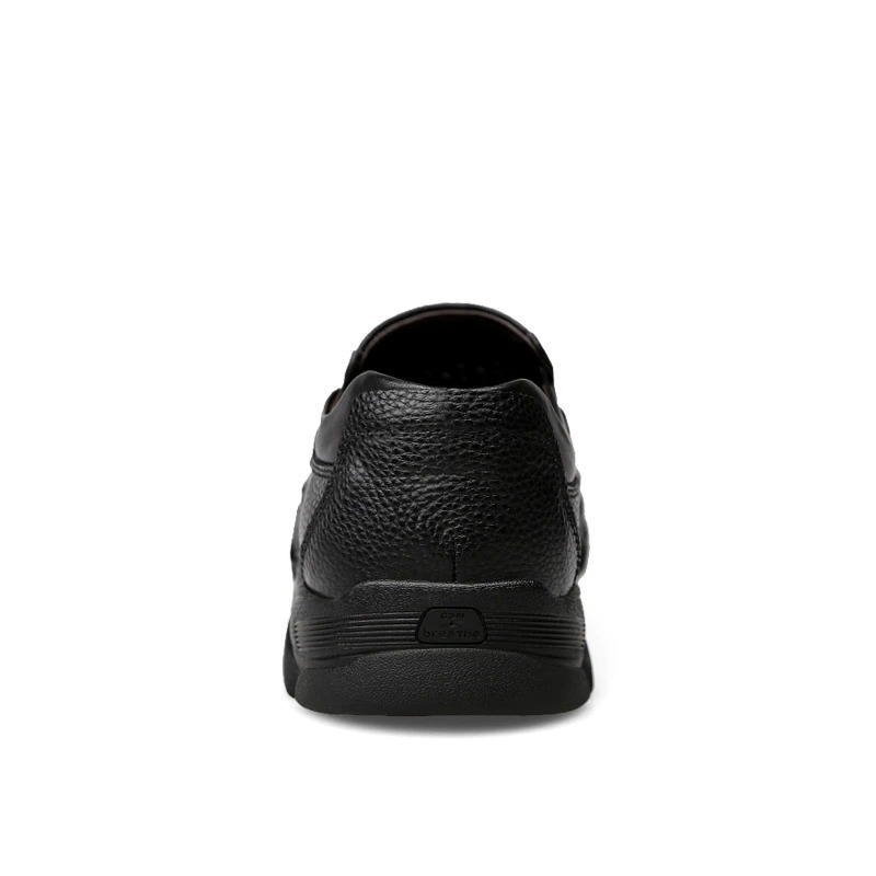 Back view of classic black genuine leather loafers for men, showcasing stylish casual design.