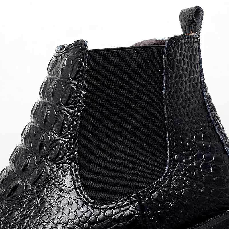 Classic men's PU leather ankle boot detail featuring stylish croc pattern and elastic side for easy wear.