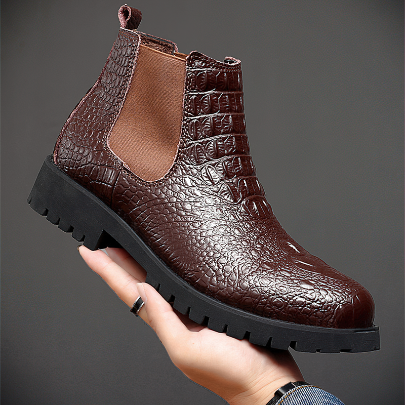 Modern brown PU leather ankle boots featuring crocodile texture and rugged sole, ideal for casual or business wear.