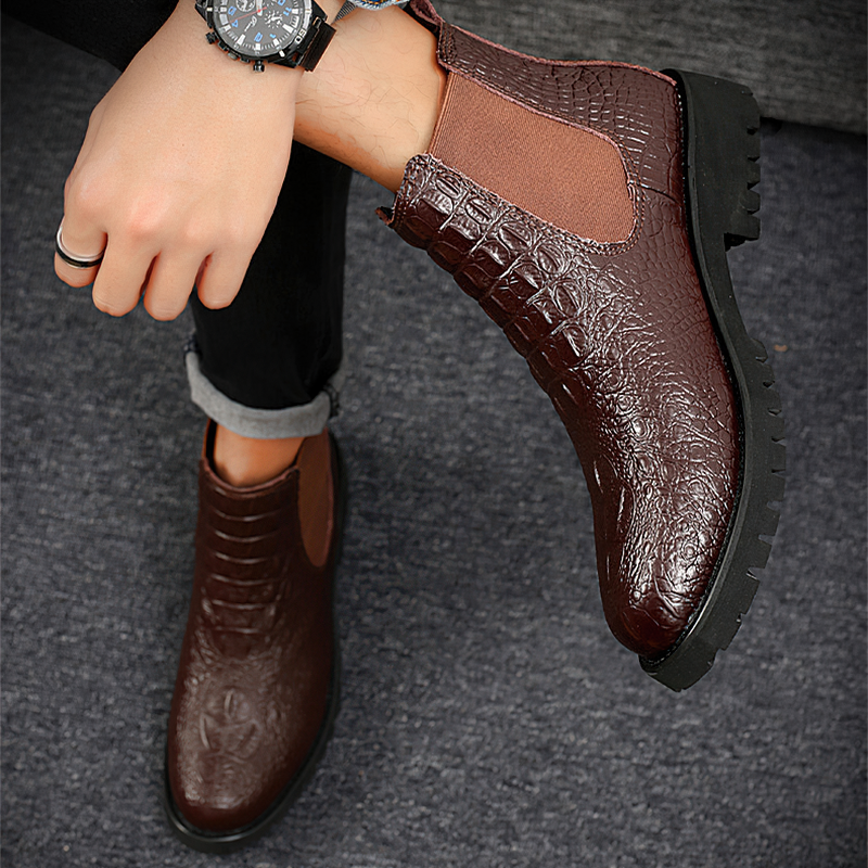 Brown PU leather ankle boots with side elastic, perfect for modern casual style and business wear.
