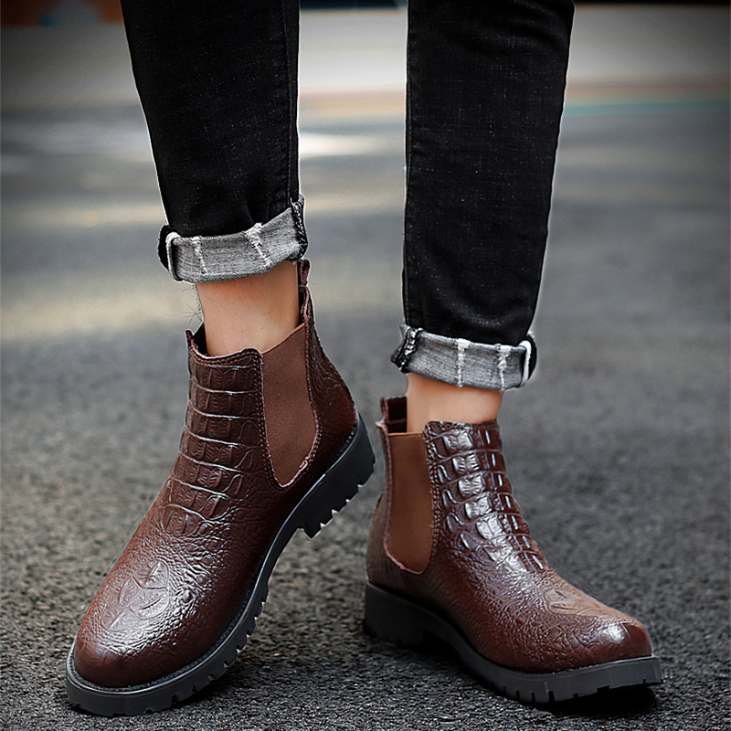 Stylish brown PU leather ankle boots for men, perfect for modern casual and business attire.