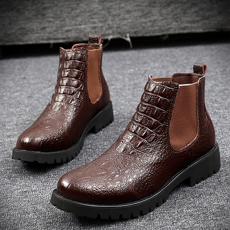 Classic men's PU leather ankle boots in dark brown, featuring stylish elastic accents and sturdy soles for casual wear.