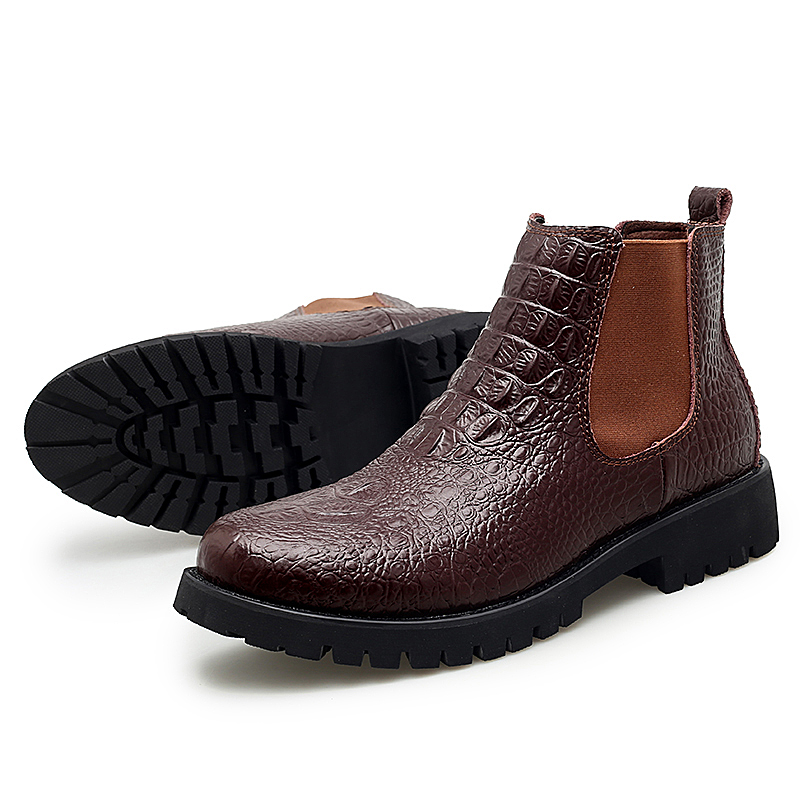 Stylish classic men's PU leather ankle boots in dark brown, perfect for business and casual wear.