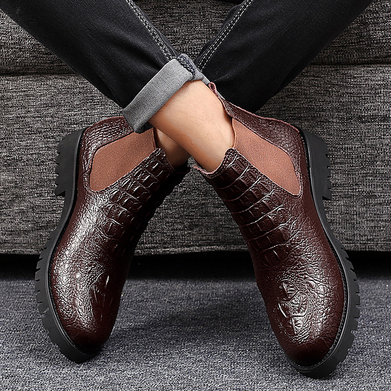 Stylish men's PU leather ankle boots in dark brown with elastic side panels for modern casual wear.