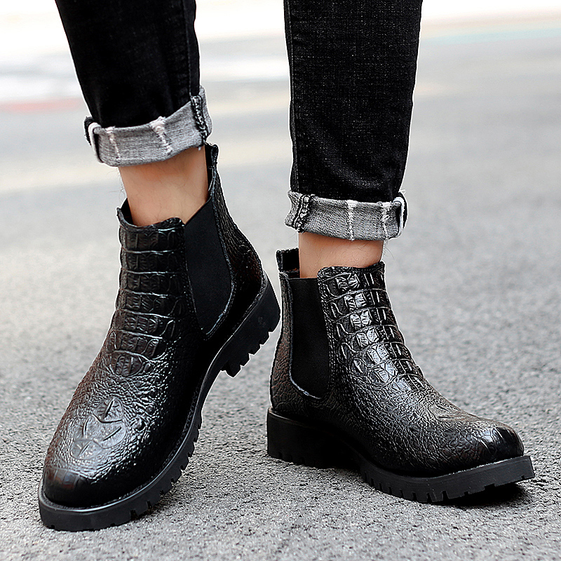 Stylish men's black PU leather ankle boots with modern design and comfortable fit for casual and business wear.