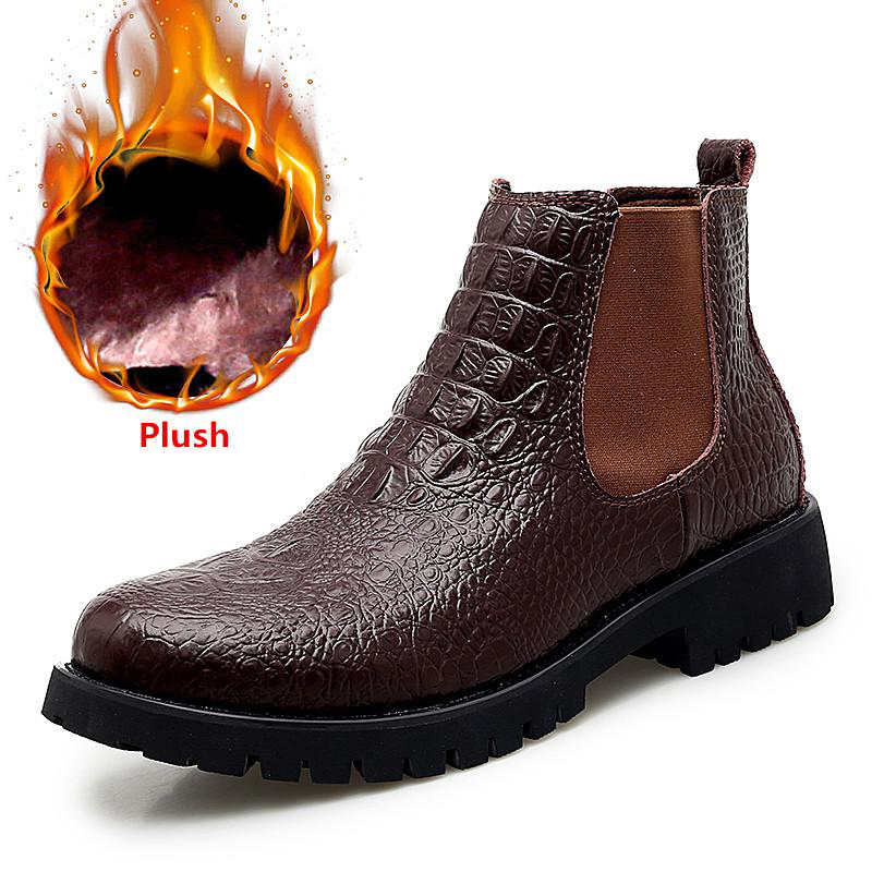 Classic men's PU leather ankle boots with plush design, perfect for business and casual wear, available in stylish brown.