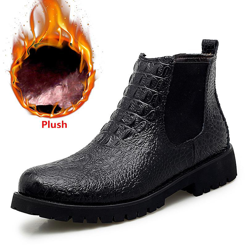 Stylish black PU leather ankle boots with plush lining for men, perfect for modern casual wear.