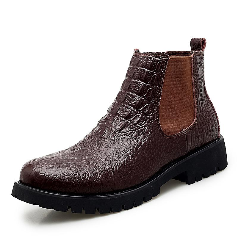 Brown PU leather ankle boot with textured design and durable sole, perfect for modern casual and business styles.