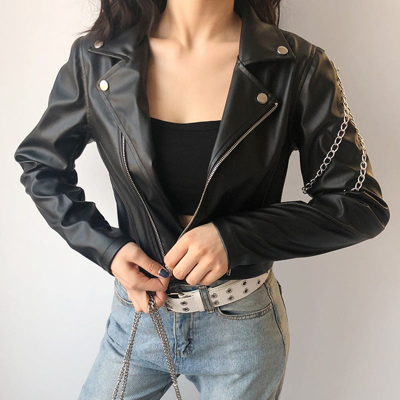 Classic Motorcycle Jacket for Women / Black Short Faux Leather Jacket with Chains - HARD'N'HEAVY