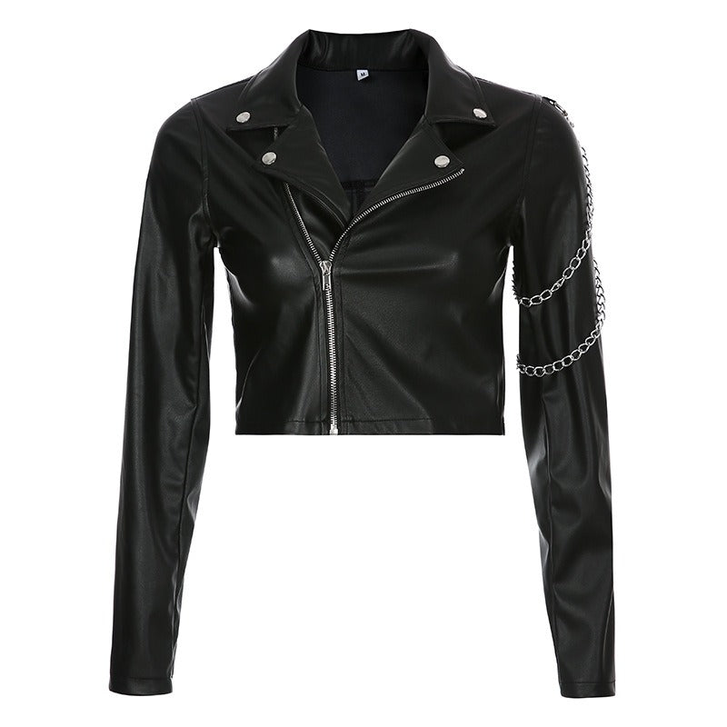 Classic Motorcycle Jacket for Women / Black Short Faux Leather Jacket with Chains - HARD'N'HEAVY